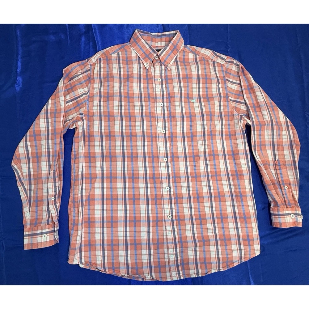 Southern Marsh Men's Large Coral Blue Plaid Cotton Long Sleeve Button Down Shirt